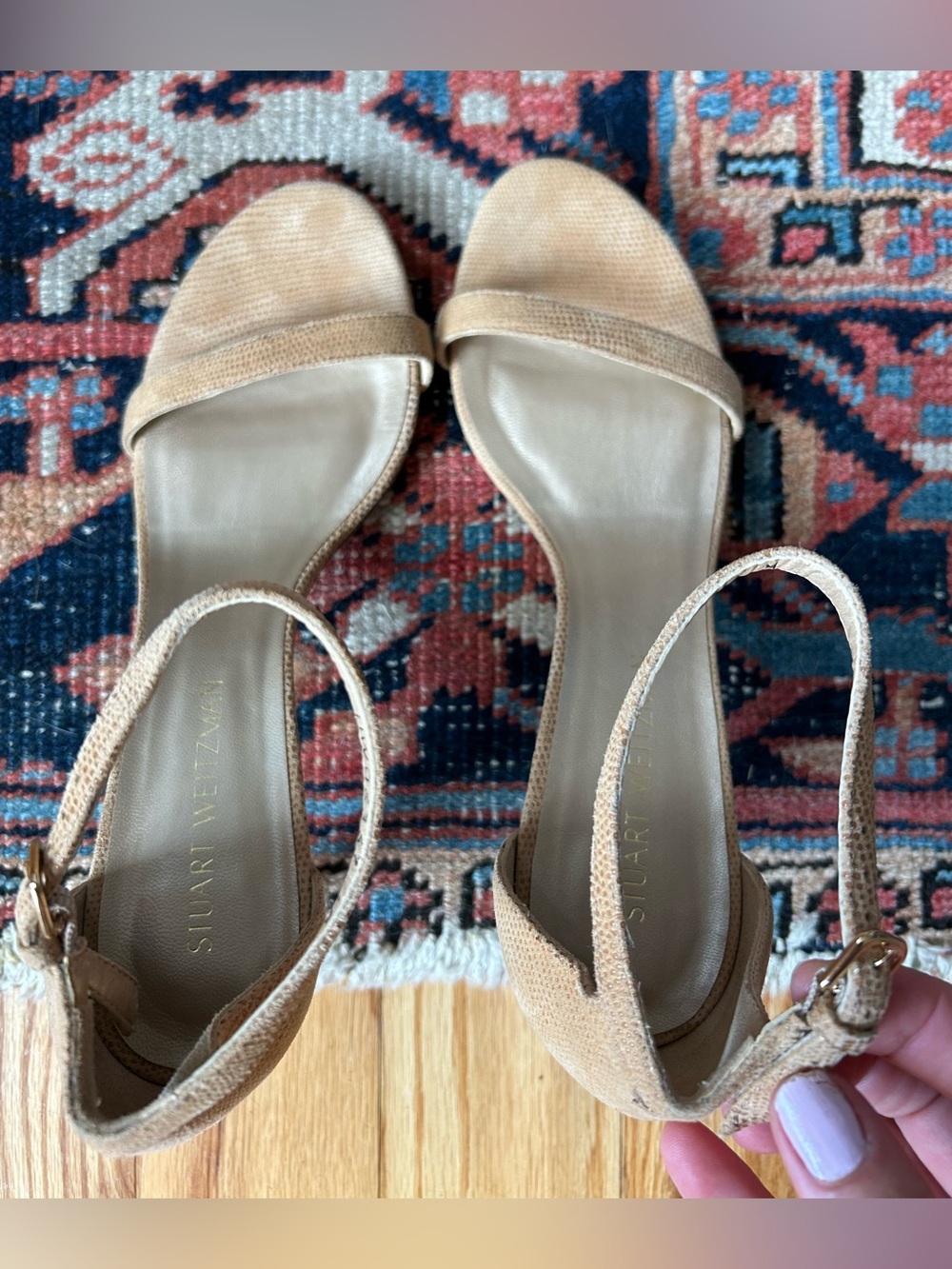 Stuart Weitzman Nudist Embossed Nude Leather Ankle Strap Sandals Heels 10M NWOB - Picture 6 of 7
